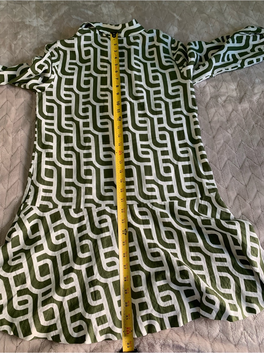 Women's Zara Green White Geometric Print Linen Blend 3/4 Sleeve Mini Dress Small - Picture 7 of 7
